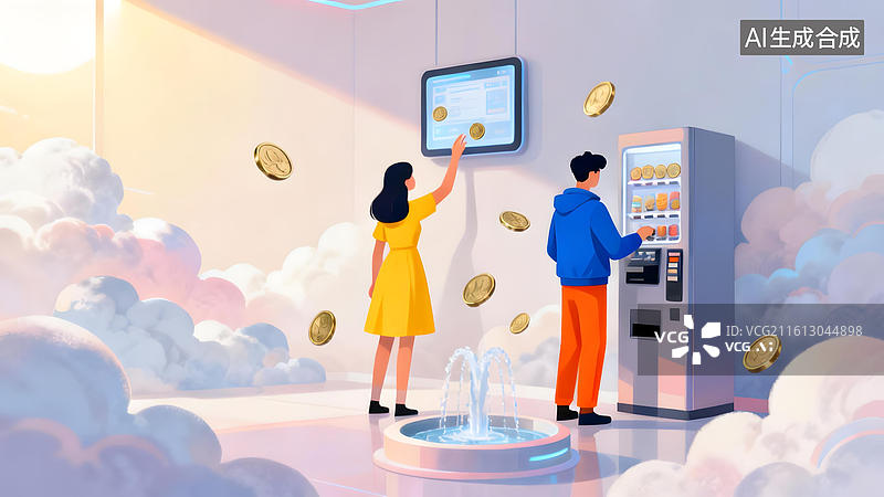 【AI数字艺术】人物在云间互动自动售货机图片素材