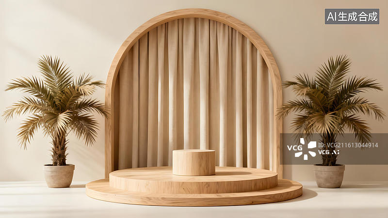 【AI数字艺术】木质拱形展台与棕榈盆栽图片素材