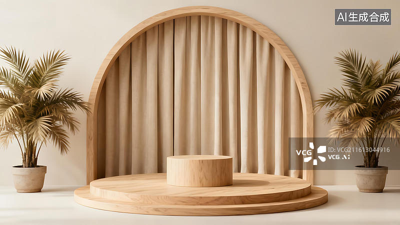 【AI数字艺术】木质圆形展台与绿植装饰图片素材