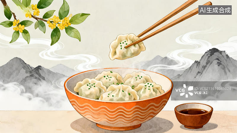 【AI数字艺术】一碗饺子配筷子和山景图片素材