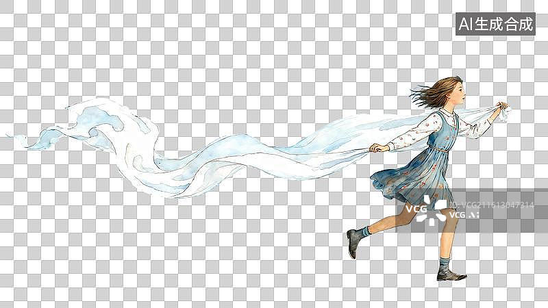 【AI数字艺术】穿着短裙的女孩手握白色丝巾奔跑  水彩唯美人物插画图片素材