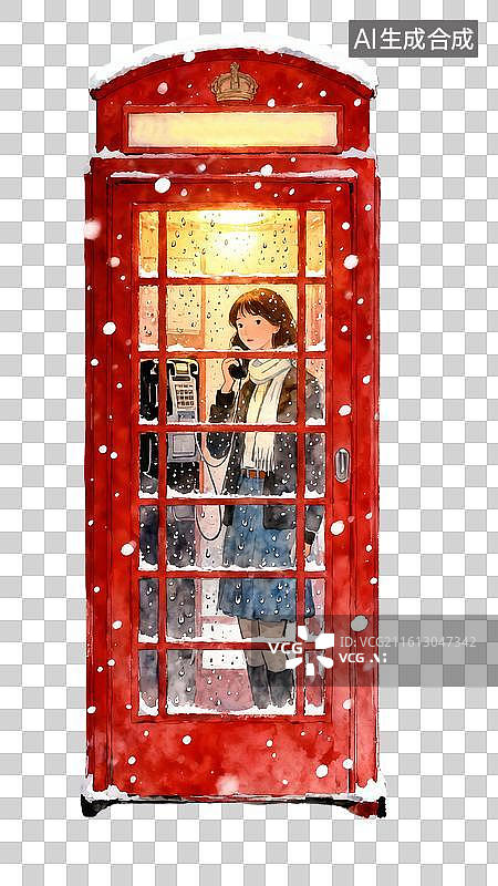 【AI数字艺术】冬天在红色电话亭打电话的女孩 水彩唯美人物插画图片素材