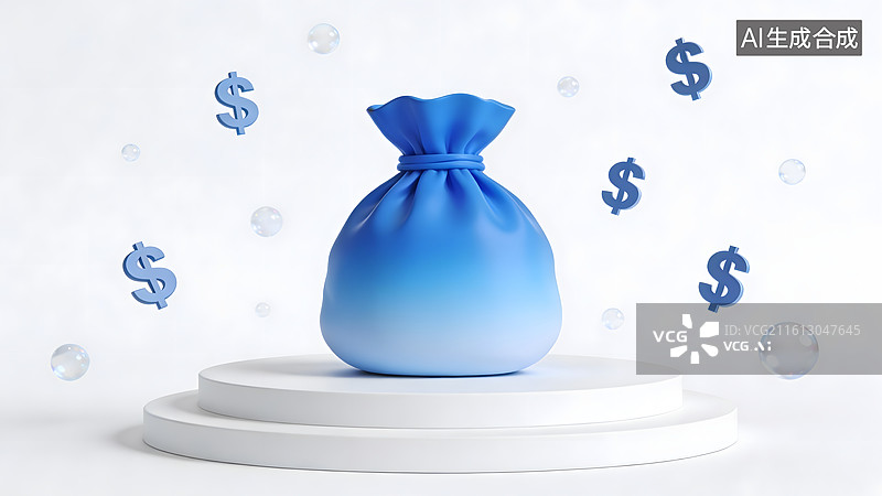 【AI数字艺术】蓝色钱袋与美元符号的金融概念图图片素材
