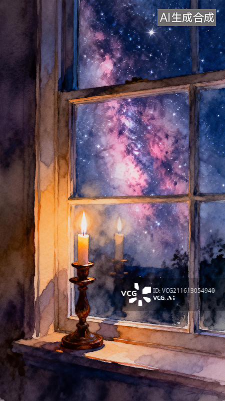 【AI数字艺术】烛台摆在窗边，烛火与星光在玻璃上交相辉映。 地球一小时图片素材