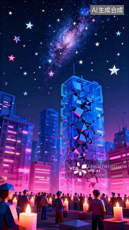 【AI数字艺术】高楼旁的地面上人群手持蜡烛发出温暖的体积光。  地球一小时图片素材