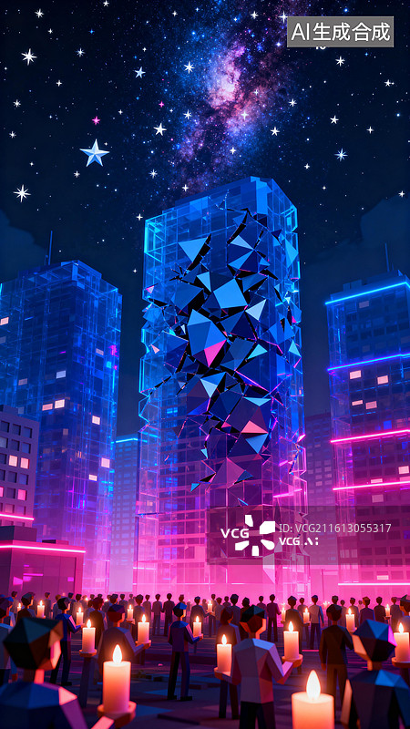 【AI数字艺术】高楼旁的地面上人群手持蜡烛发出温暖的体积光。  地球一小时图片素材