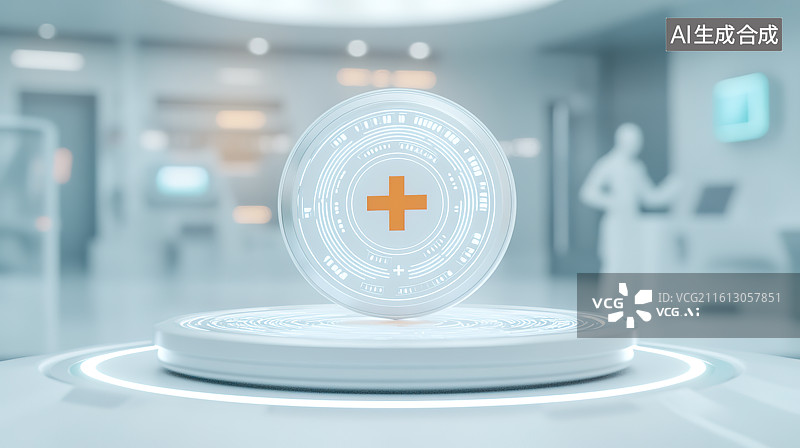 【AI数字艺术】医院医疗设备背景下的发光医疗红十字图标图片素材