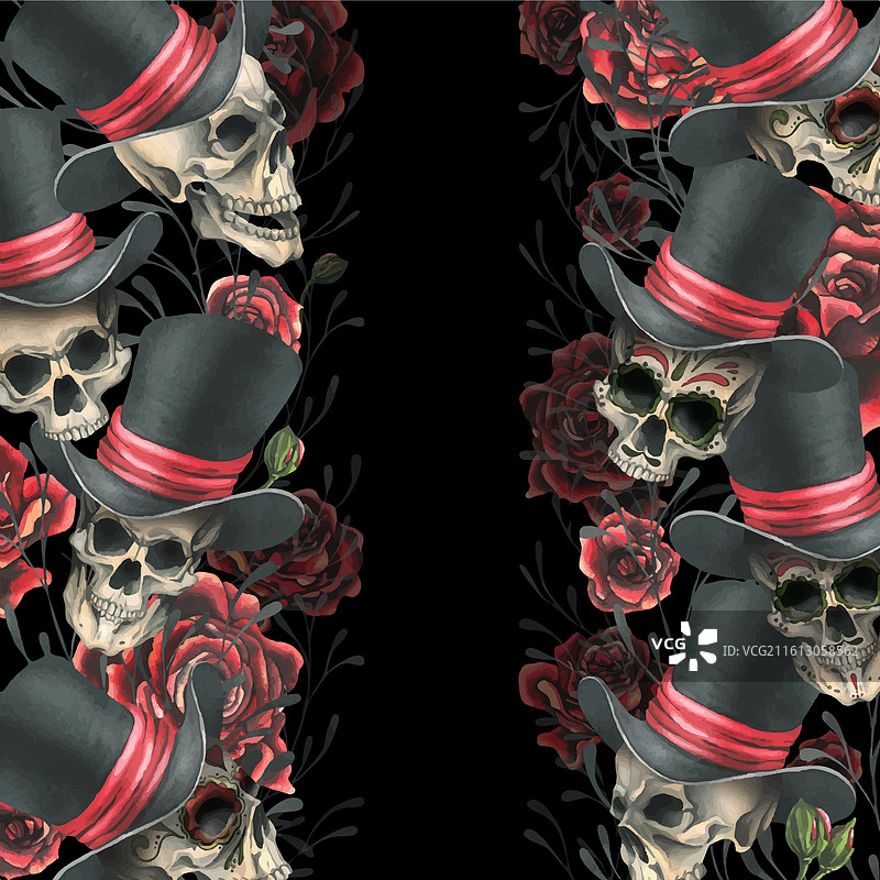 礼帽中的人头骨，配有红玫瑰图片素材