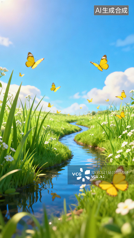 【AI数字艺术】溪流旁的蝴蝶与花草图片素材