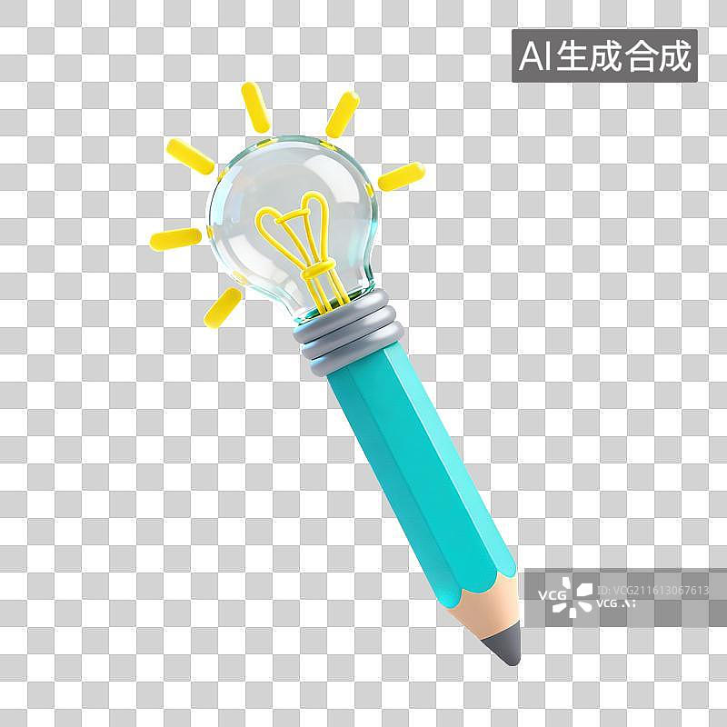 【AI数字艺术】3D磨砂玻璃材质铅笔上的灯泡环绕着金色光芒思维创意构思写作灵感思维启发元素图片素材
