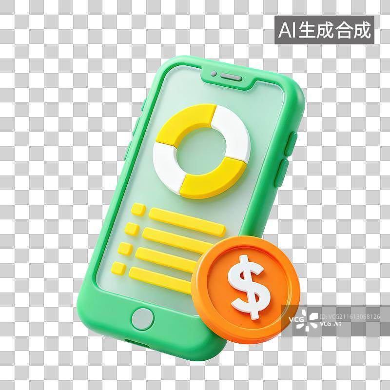 【AI数字艺术】3D磨砂玻璃材质手机屏幕商业饼状图报告硬币元素图片素材