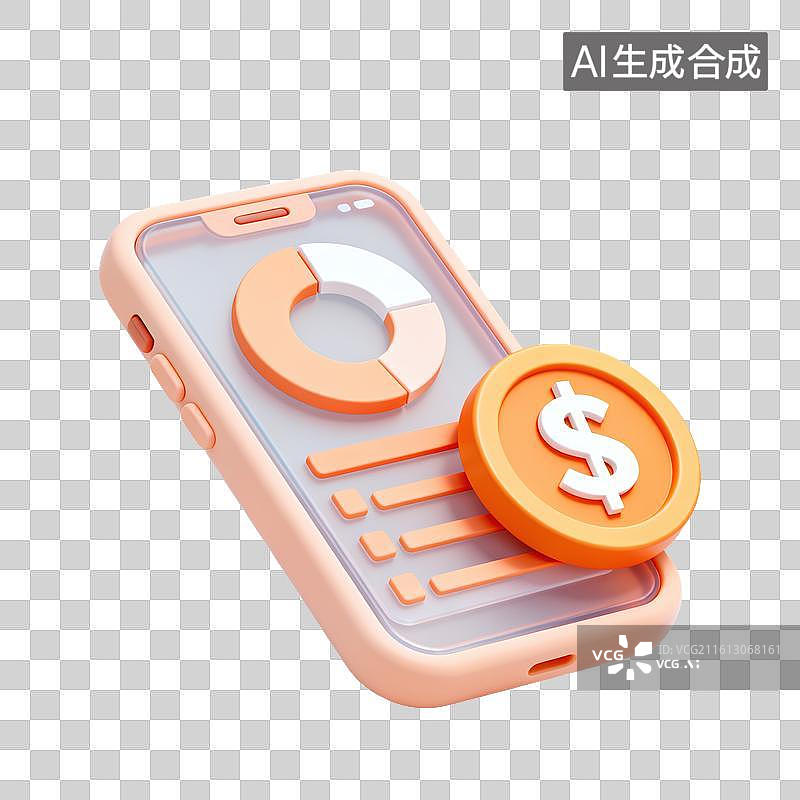 【AI数字艺术】3D磨砂玻璃材质手机屏幕商业饼状图报告硬币元素图片素材