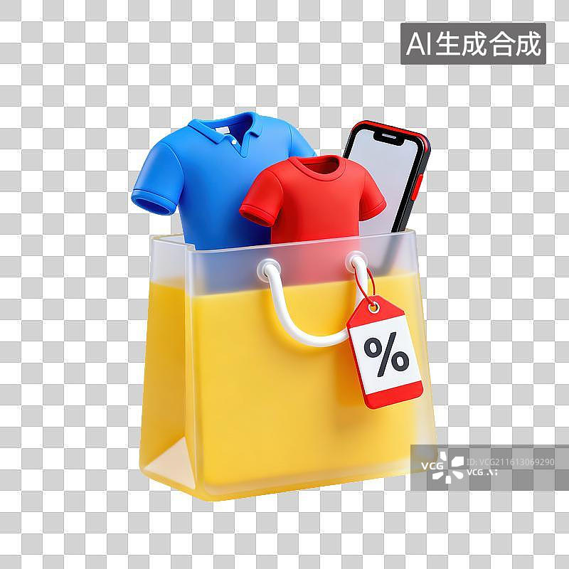 【AI数字艺术】3D磨砂玻璃材质购物袋放着两件T恤促销购物消费元素图片素材