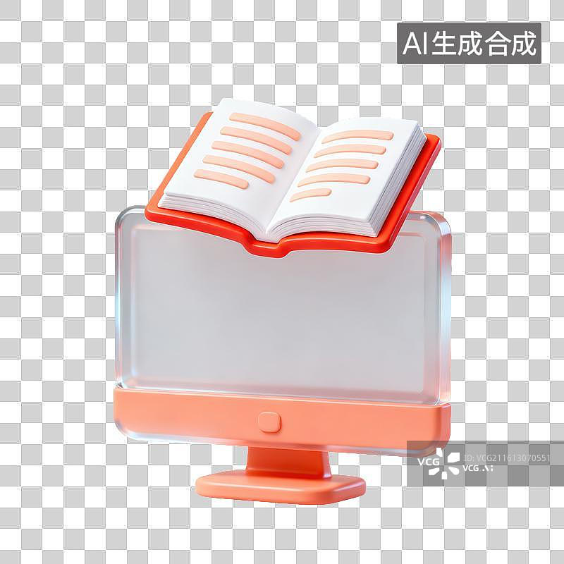 【AI数字艺术】3D磨砂玻璃材质显示器上放着一本打开的书线上学习数字书籍元素图片素材