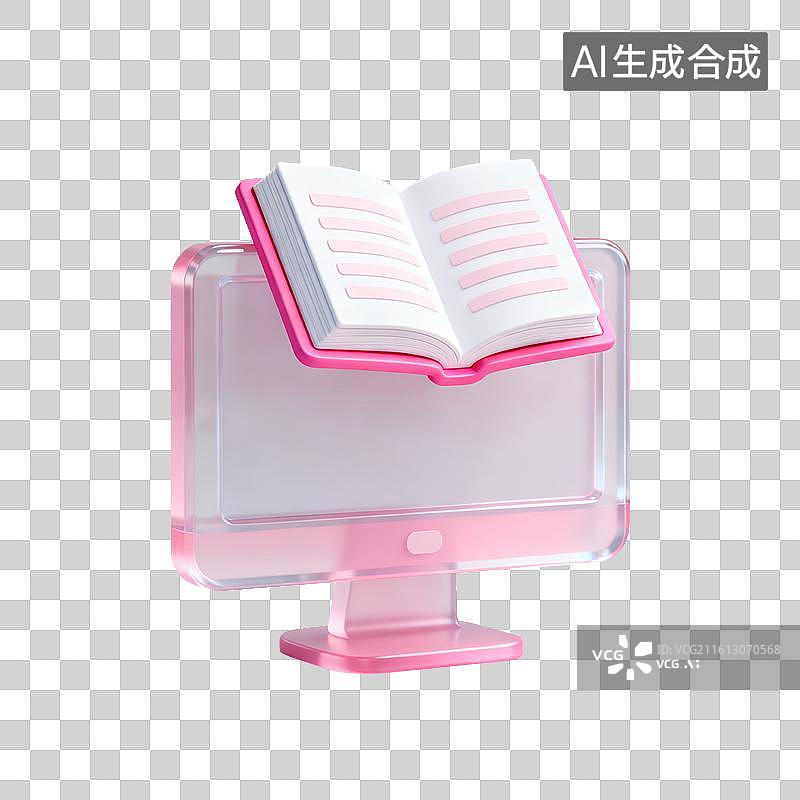 【AI数字艺术】3D磨砂玻璃材质显示器上放着一本打开的书线上学习数字书籍元素图片素材
