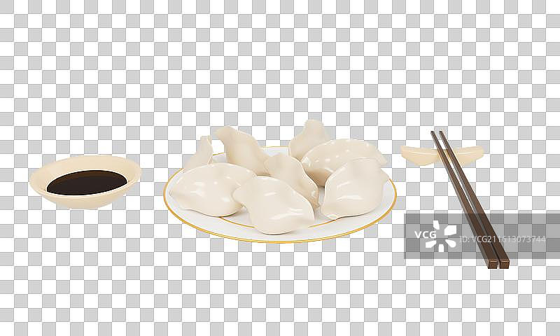 一盘美味饺子配蘸料筷子三维渲染免抠图片素材