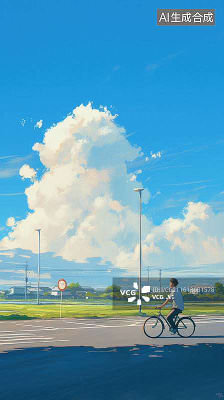 【AI数字艺术】骑自行车的人在晴朗天空下图片素材