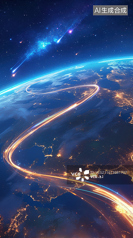 【AI数字艺术】地球夜景与光轨轨迹图片素材