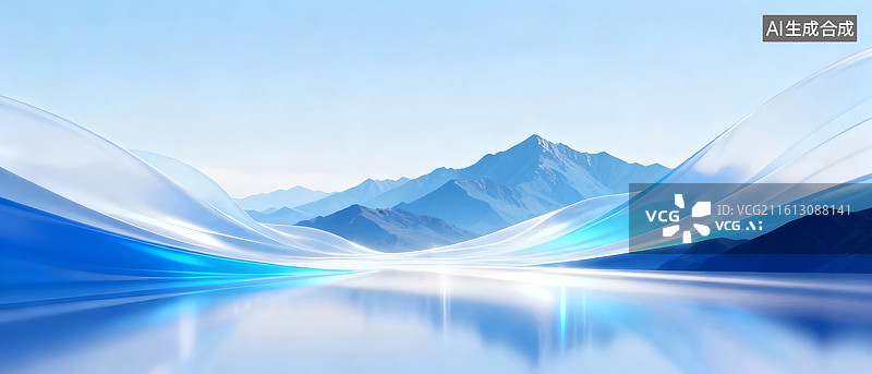 【AI数字艺术】3D蓝色丝绸般的流动和蓝天高山湖水图片素材