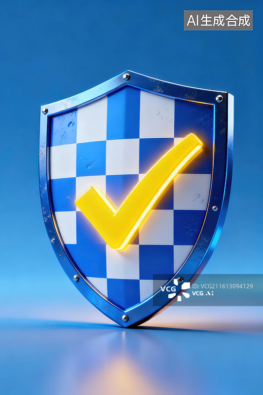 【AI数字艺术】蓝色盾牌上的发光对勾图片素材