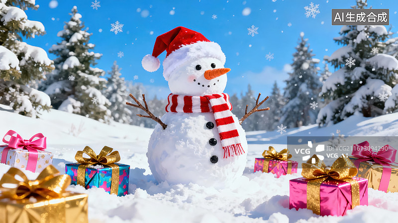 【AI数字艺术】雪人与礼物的冬日场景图片素材
