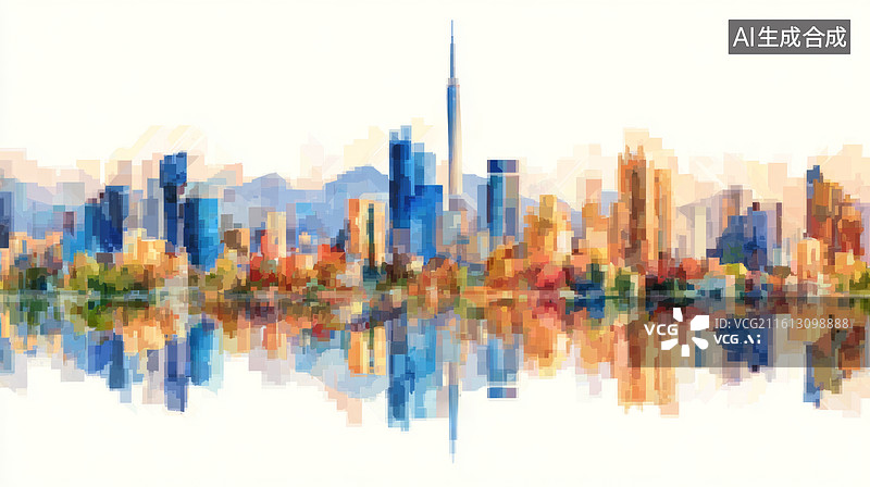 【AI数字艺术】水彩风格的城市天际线倒影在水面图片素材