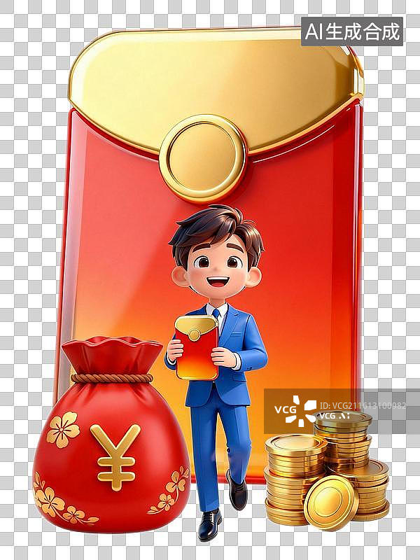 【AI数字艺术】3D商务男性开心的拿着一个红包在巨大的红包福袋金币前图片素材