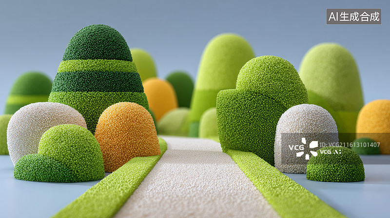 【AI数字艺术】绒毛质感的绿色山丘与小径图片素材