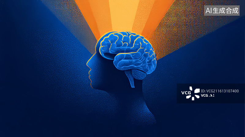 【AI数字艺术】蓝色人脑剪影与头顶放射的橙色创意光束插画图片素材