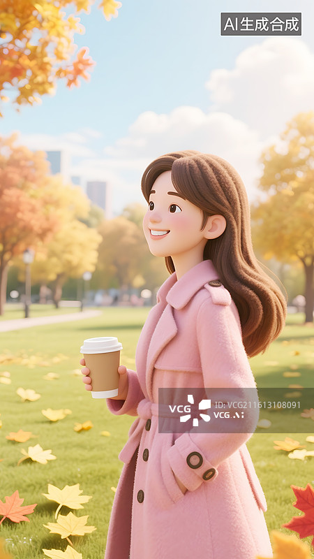 【AI数字艺术】AIGC ：秋天公园里穿粉色枫叶，手拿咖啡的少女，秋天自然风光，背景壁纸图片素材