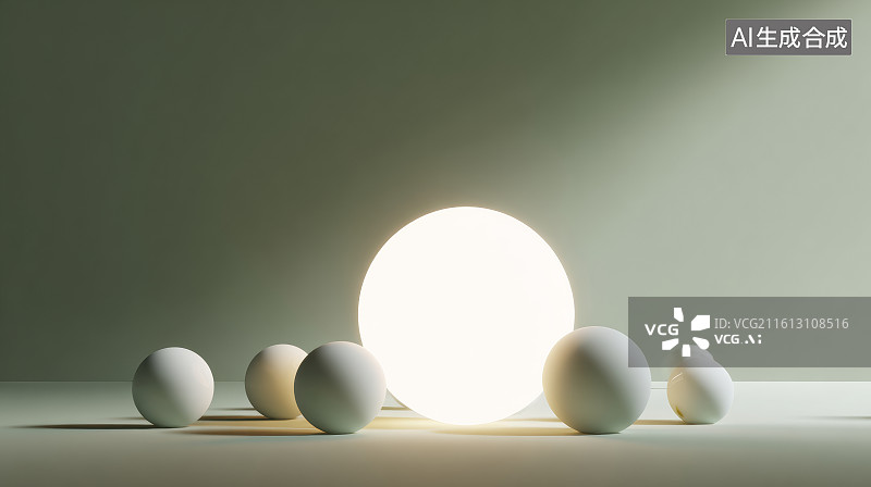 【AI数字艺术】黑暗环境中众小球环绕一颗散发柔和暖光的大球体图片素材