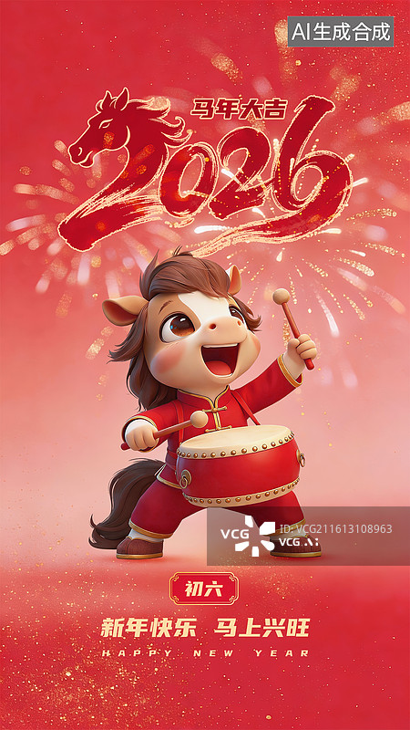 【AI数字艺术】马年春节系列海报—初六图片素材