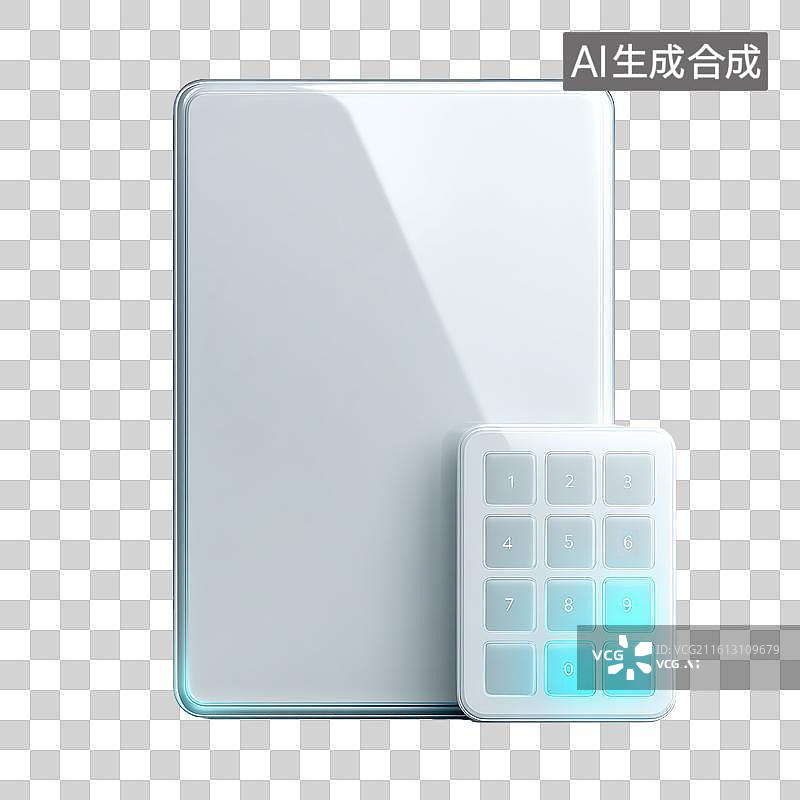 【AI数字艺术】极简风格白色平板设备与悬浮数字键盘3D图标图片素材