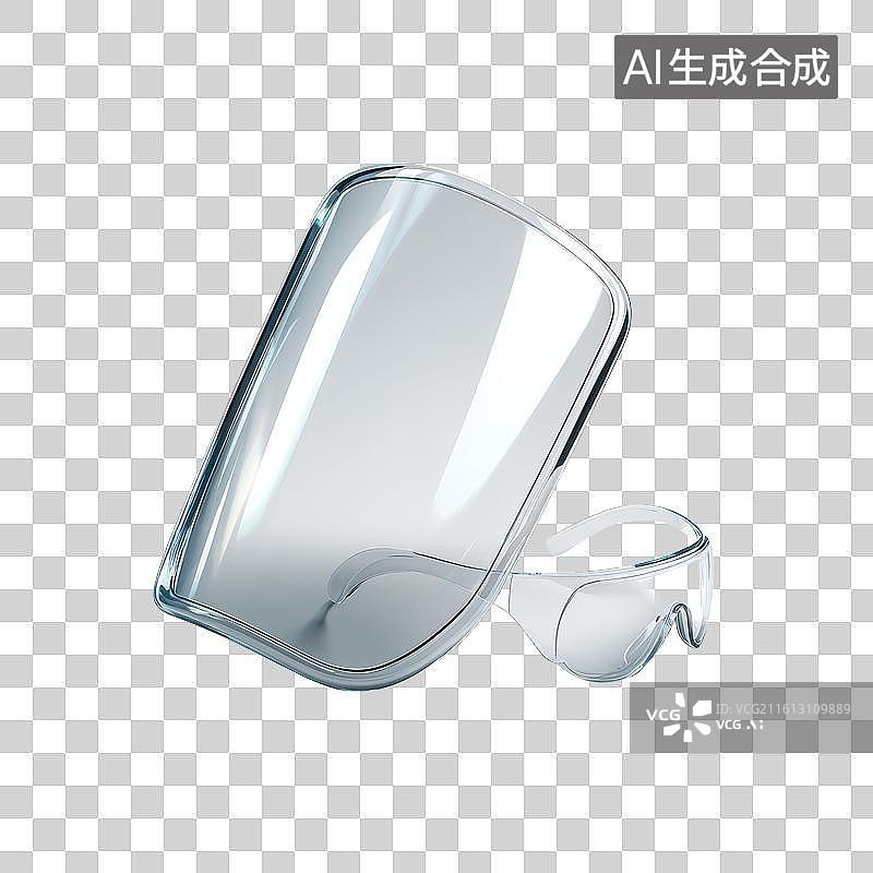 【AI数字艺术】灰色背景下悬浮的透明玻璃质感弯曲盾牌防护图标图片素材