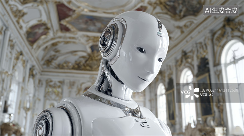 【AI数字艺术】金色欧式宫殿大厅中站立的优雅礼服人形机器人肖像图片素材