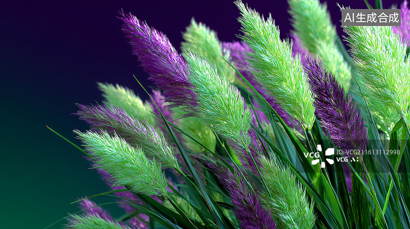 【AI数字艺术】逆光下绿色芒草穗随风摇动的特写植物场景图片素材