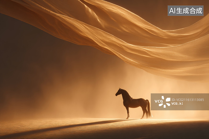 【AI数字艺术】金色沙丘上披着飘逸布幔的白马在夕光中站立图片素材
