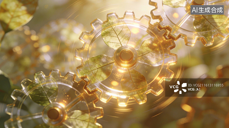 【AI数字艺术】透明齿轮与自然光影交织图片素材