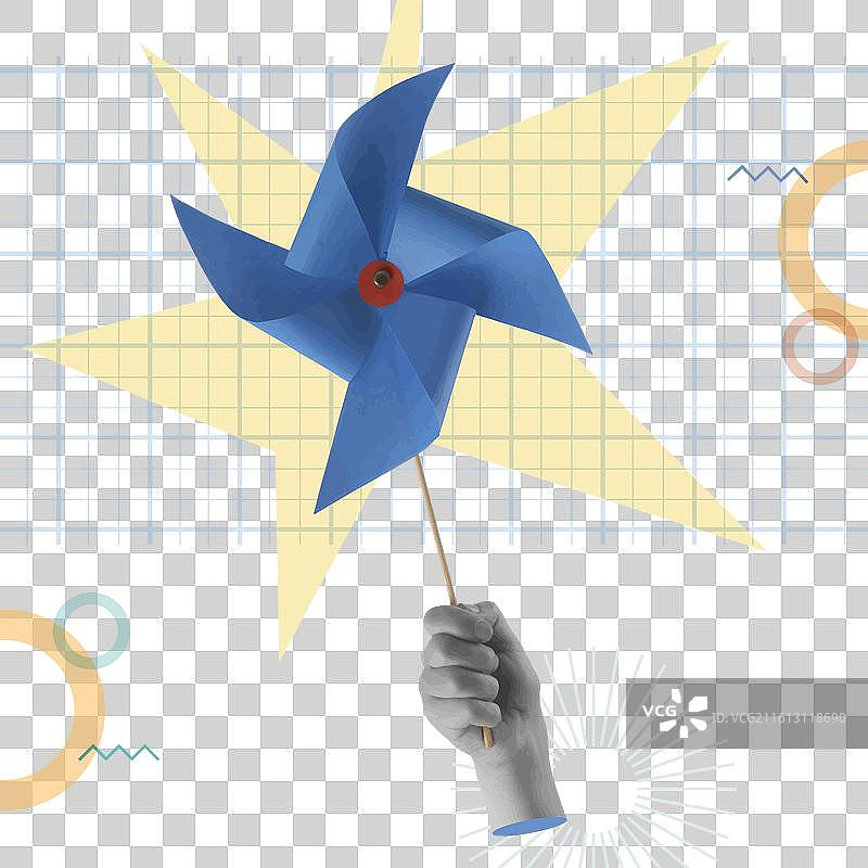 孩子的手在拼贴画中拿着一个蓝色的风车图片素材