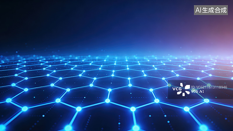 【AI数字艺术】蓝色科技感六边形蜂窝形状背景，蓝调科技感发光网格高端商务科技主题未来数字网络背景图片素材