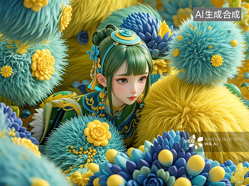【AI数字艺术】绿发少女置身彩色绒球世界图片素材