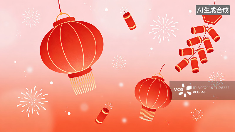 【AI数字艺术】橙红色渐变背景下绽放的焰火烟花与悬挂悬浮着红色灯笼鞭炮图片素材