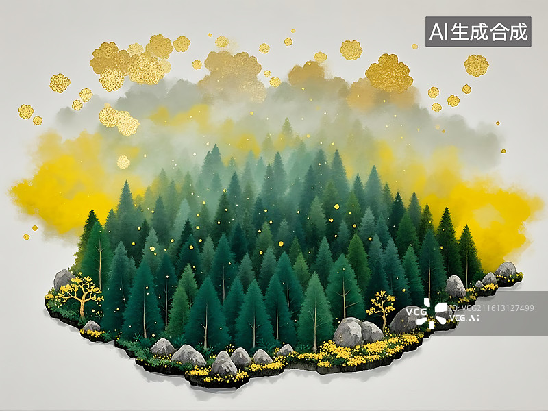 【AI数字艺术】森林岛屿与金色雾气的梦幻插画图片素材