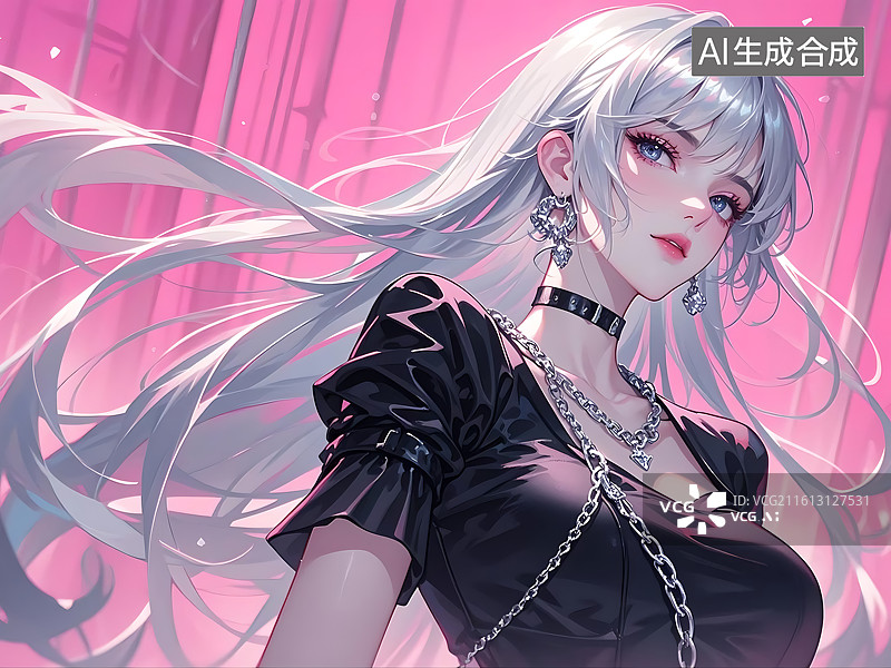 【AI数字艺术】银发少女动漫插画图片素材