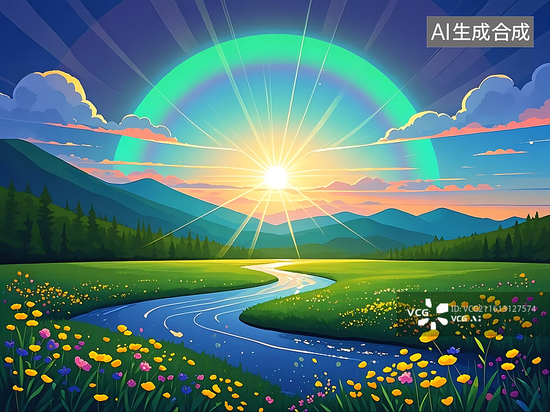 【AI数字艺术】彩虹日出田园风光图片素材