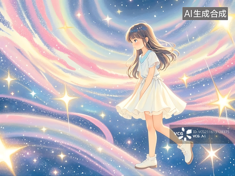 【AI数字艺术】星空下的少女漫步幻想世界图片素材