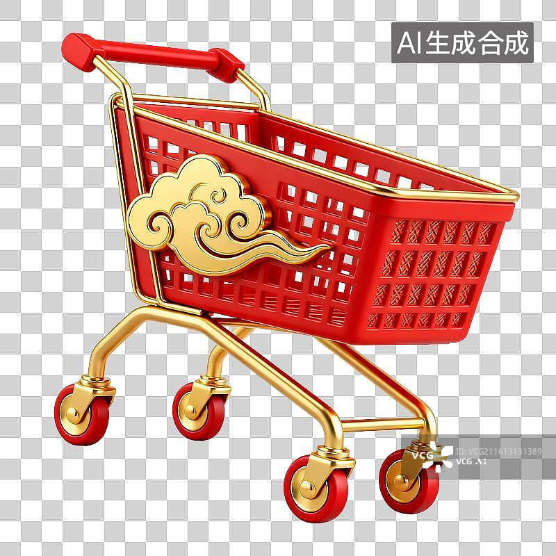 【AI数字艺术】红色购物车金饰风电商促销场景图片素材