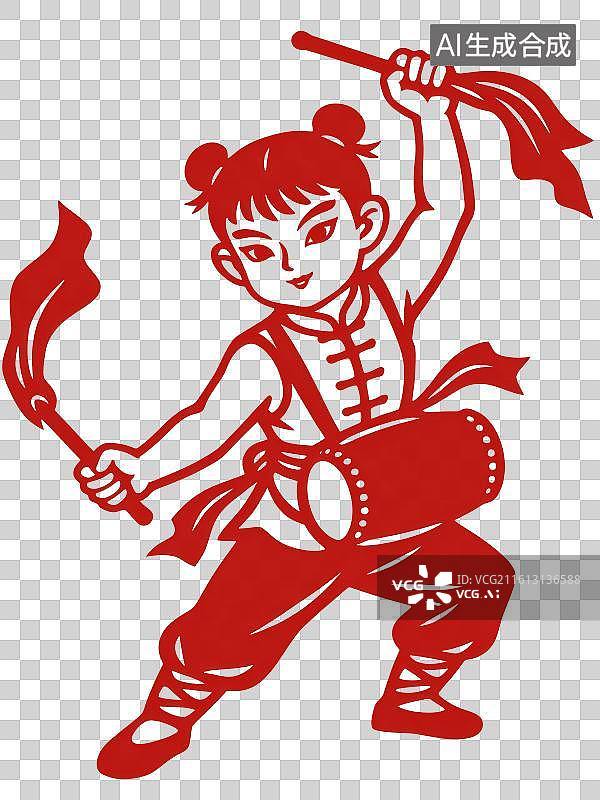 【AI数字艺术】中式民俗敲鼓孩童剪纸图片素材