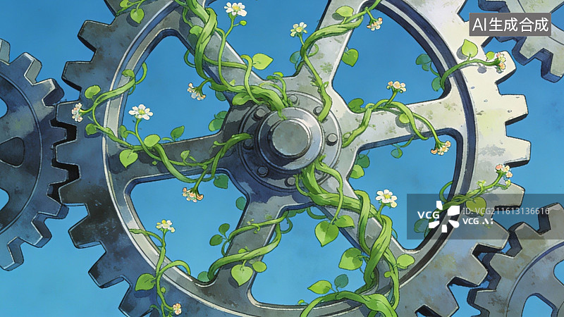 【AI数字艺术】齿轮与藤蔓交织的机械景象图片素材
