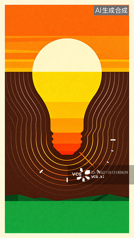 【AI数字艺术】橙色的天空和灯泡 3月地球一小时灯泡元素创意插画图片素材